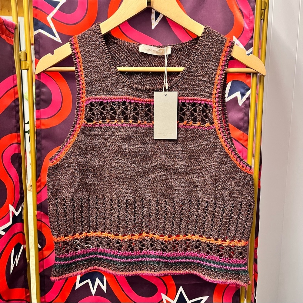 NWT Vanessa Bruno Pull Charleston Multicolore Knit Sleeveless Sweater Vest Brown - Picture 3 of 8